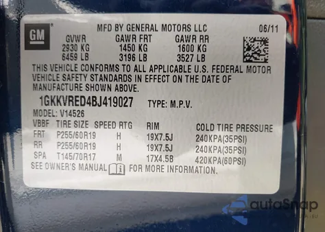 2011 GMC Acadia Slt-1 z USA, uszkodzony, nr VIN 1GKKVRED4BJ419027